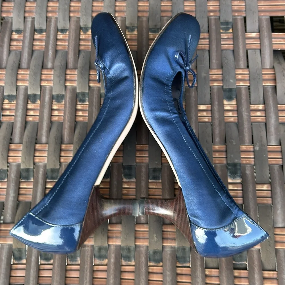 Franco Sarto Blue Satin Bow Kitten Heels Pumps 7M Party Career Holiday‎ Women’s